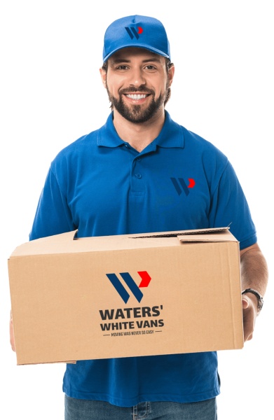Waters White Vans Employee in a blue uniform for office Moves holding a heavy box